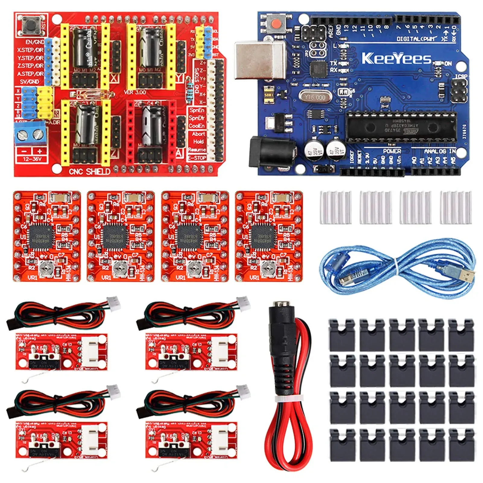 KeeYees Professional 3D Printer CNC Kit with E-Tutorial - CNC Shield Expansion Board V3.0 Board A4988 Stepper Motor Driver DC Power Cable Mechanical Switch Endstop with Jumper caps