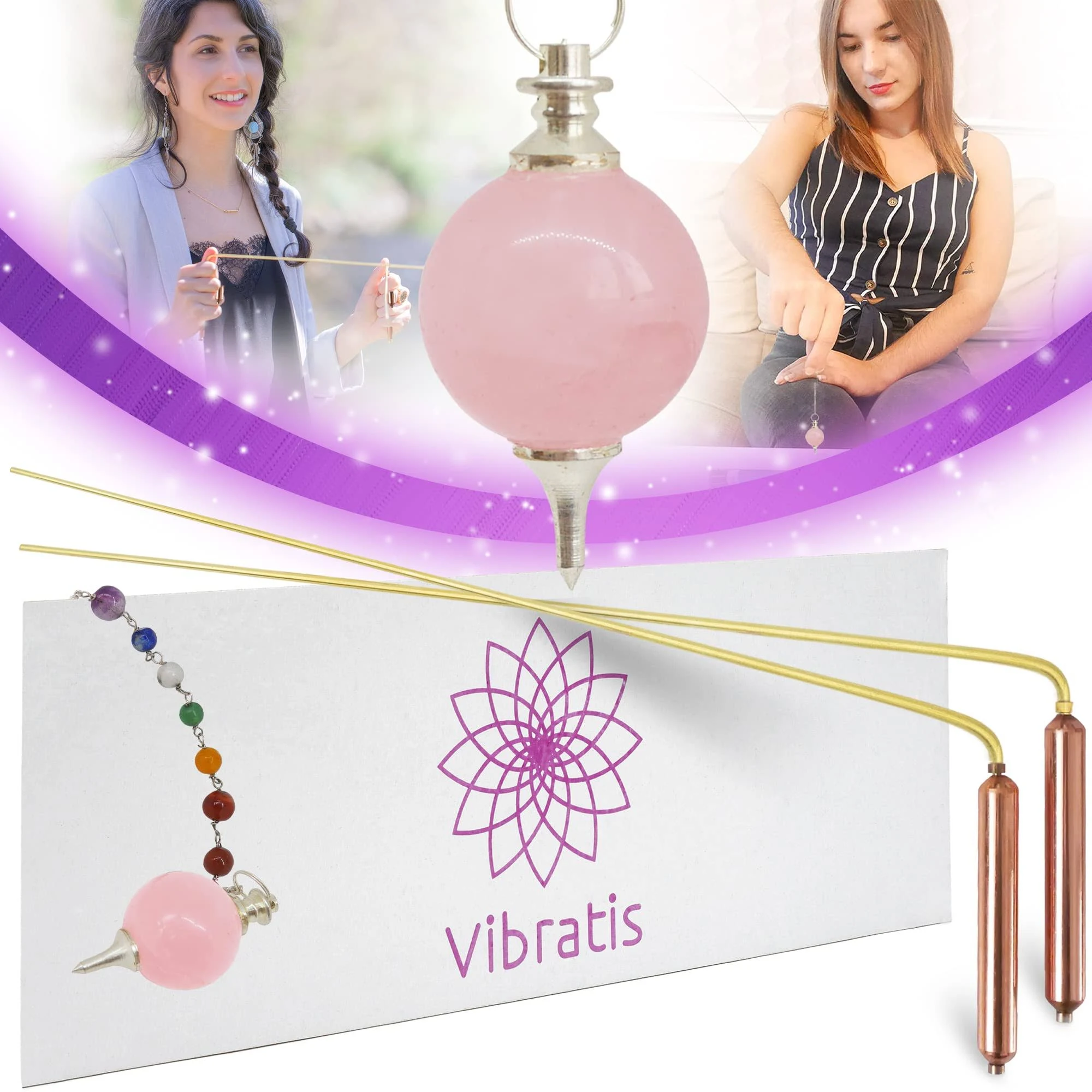 Vibratis Dowsing Rods with Copper Handles Premium Quality Divining Rods - Dowsing Rose Cristal Quartz Pendulum Included - Varillas de Radiestesia