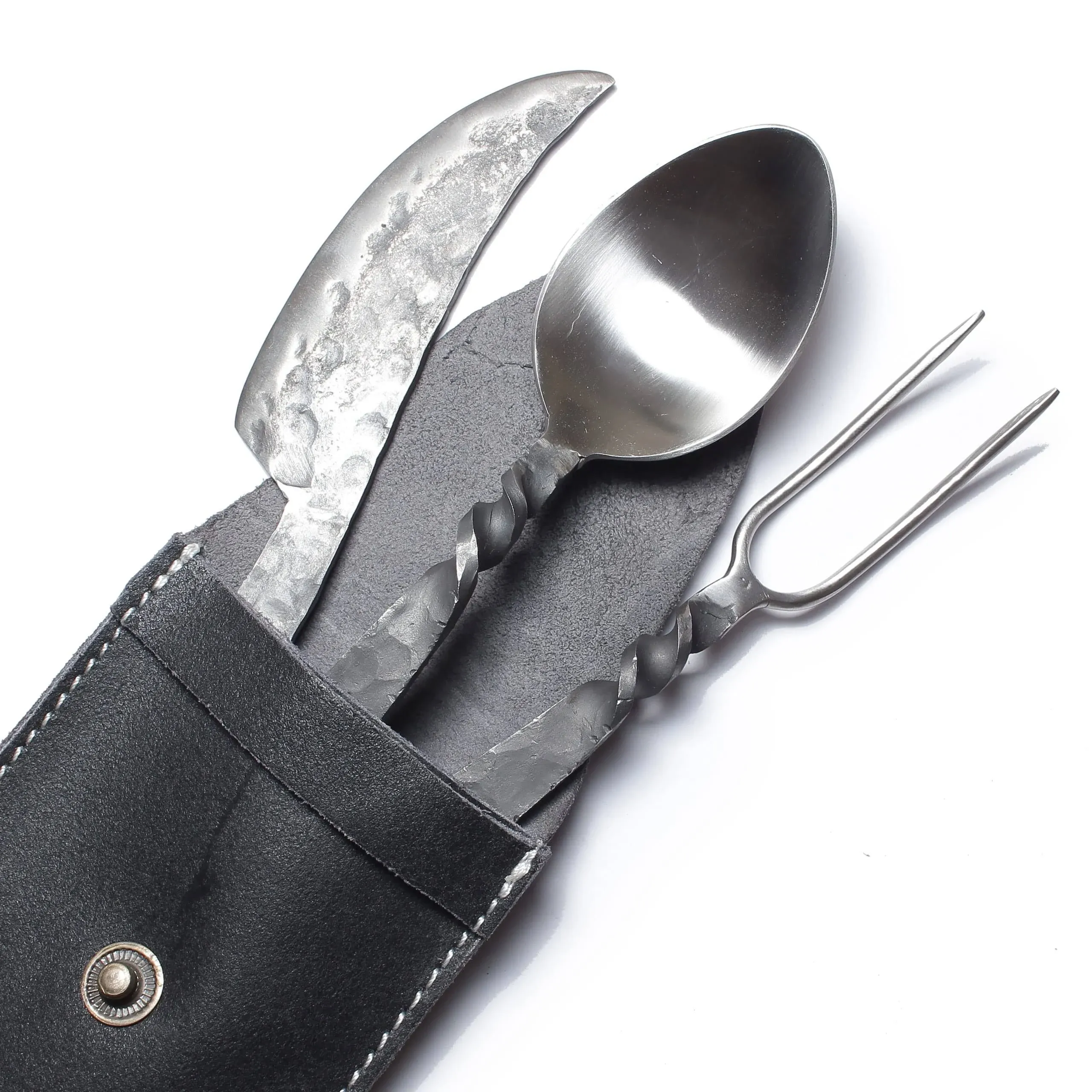 Handforged Medieval Cutlery Set - Stainless Steel Knife, Fork and Spoon Set - Includes Genuine Leather Utensil Pouch