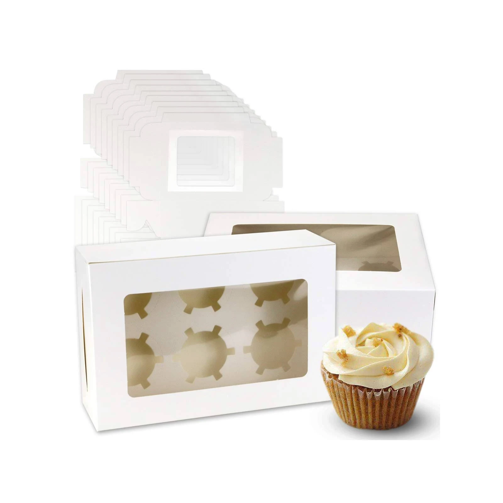 Pralb 20Pack White Cupcake Boxes with Inserts 6 Holders,White Standard Bakery Boxes with Pvc Window,Cupcake Containers Bakery Cake Box,Auto-Popup Cupcake Containers Carriers Bakery Cake Box(9x6x3inch)