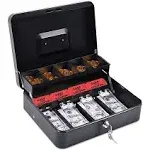 Cash Box With Money Tray, Durable Large Steel Boxes, 5 Compartment 4 Come 2 Key,