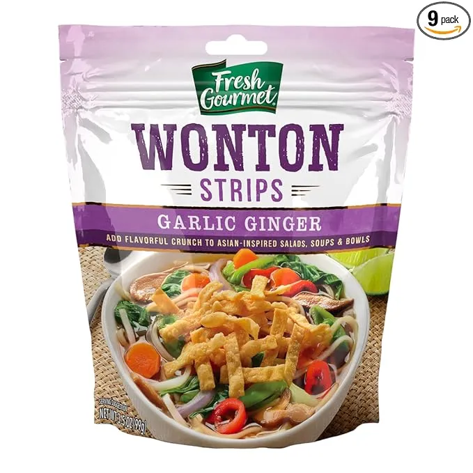 Fresh Gourmet Garlic Ginger Wonton Strips | Low Carb | Crunchy Snack and Salad Topper 3.5 Ounce, (Pack of 9)