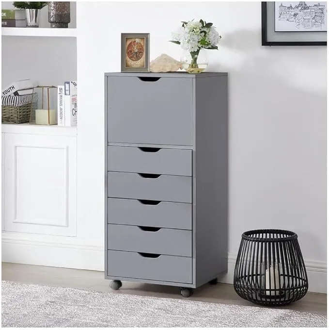 Optimized for Office, Craft, and Clothing Storage! Carly Tall Design 6-Drawer Gray File Cabinet on Wheels: Elevate Your Organization with Stylish Solutions! Ideal for Filing and Home Office Needs