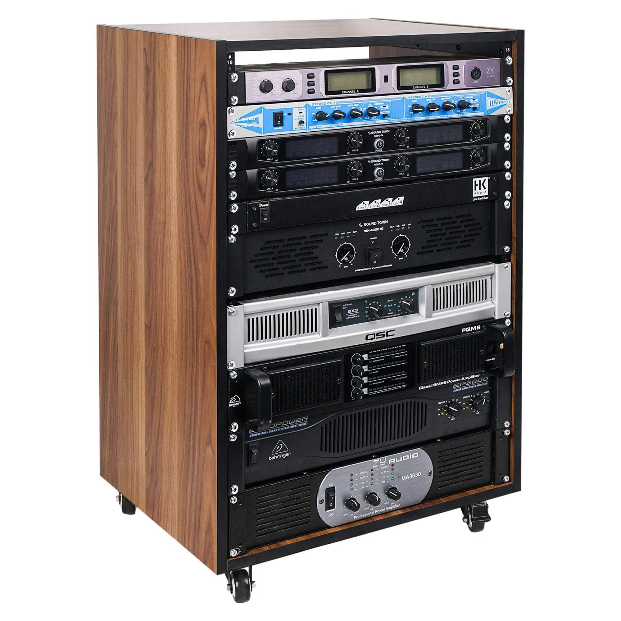 Sound Town DIY 16U Studio Rack with Furniture Grade Walnut Laminate, Rubber Feet, Casters (SDRK-16WN)