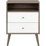 Prepac Milo Mid-Century Modern 2 Drawer Nightstand with Open Shelf, Bedside Table, Retro Style Bedroom Furniture, 16"D x 22.5"W x 29.5"H, Drifted Gray/White, DDNR-1405-1