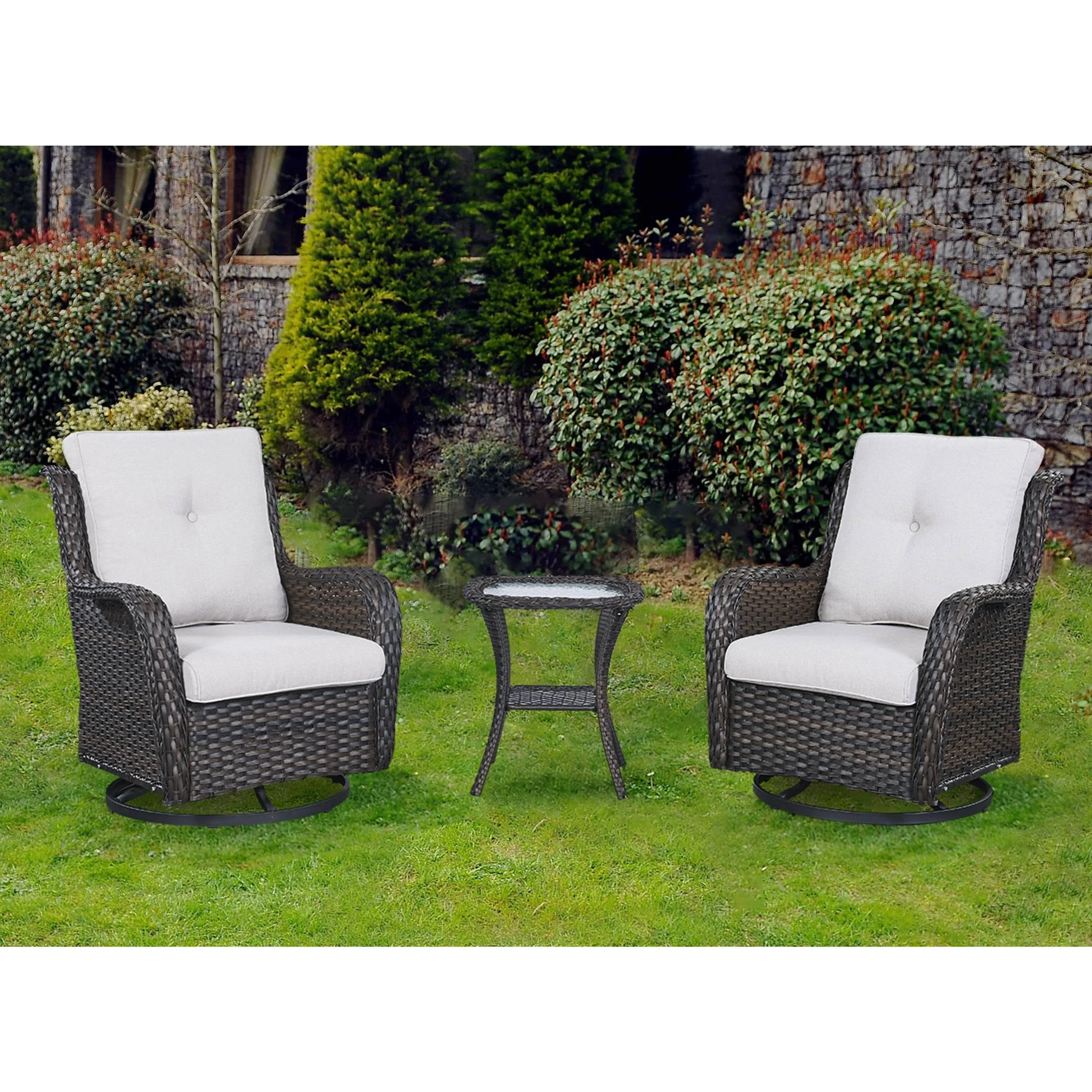 Pocassy 3-Piece Outdoor Swivel Bistro Set with Wicker Rocking Chairs