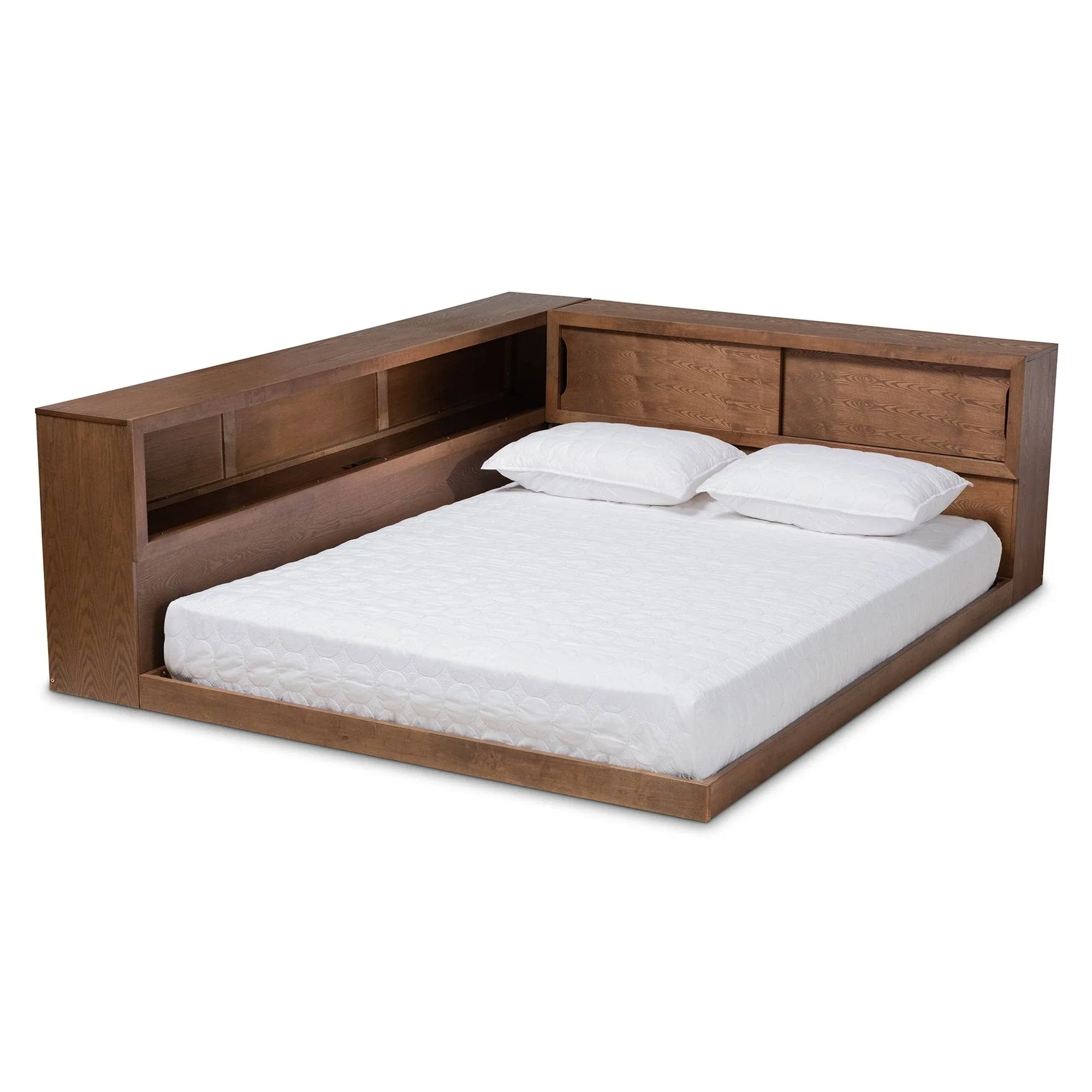 Baxton Studio Erie Modern Rustic and Transitional Walnut Brown Finished Wood Queen Size Platform Storage Bed with Built-in Outlet