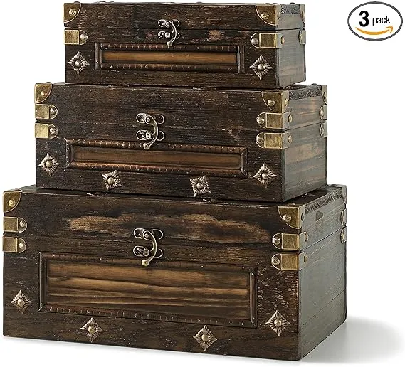 Soul & Lane Branson Wooden Storage Trunks - Set of 3, Decorative Vintage Chests with Hinged Lids for Home Décor and Storage, Antique Wood Boxes for Keepsakes