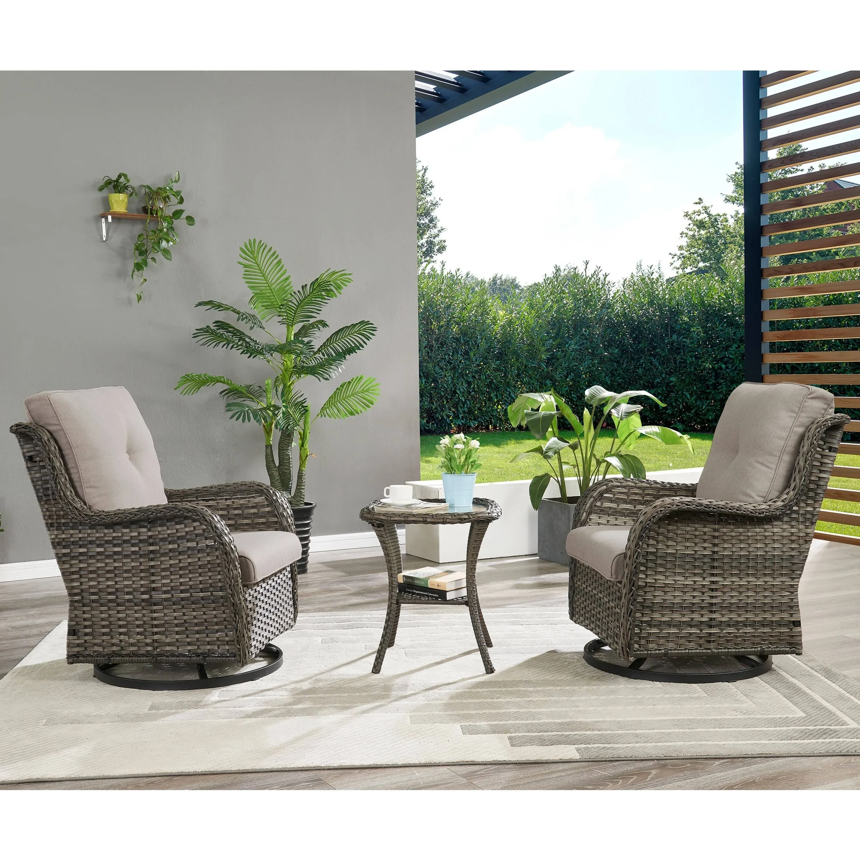 Pocassy 3-Piece Outdoor Swivel Bistro Set with Wicker Rocking Chairs