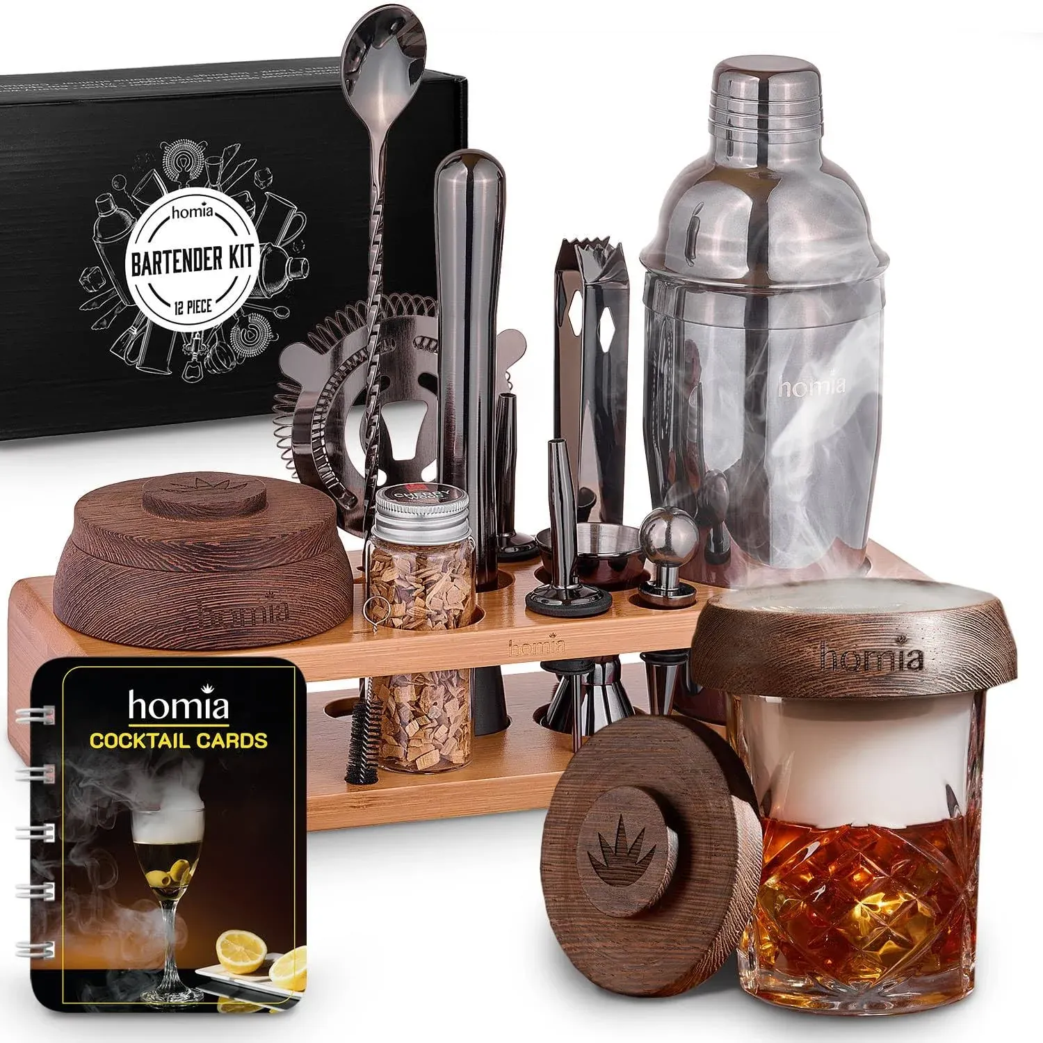 Bartender Kit with Whiskey Smoker - 13 pcs, Bamboo Stand - Bar Set with Cocktail Shaker, Bartending Kit with Essential Bar Accessory Tools, Wood Chips, Black