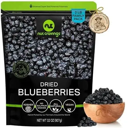 NUT CRAVINGS Dry Fruits - Sun Dried Blueberries, Lightly Sweetened (32oz - 2 LB) Packed Fresh in Resealable Bag - Sweet Snack, Healthy Food, All Natural, Vegan, Kosher Certified