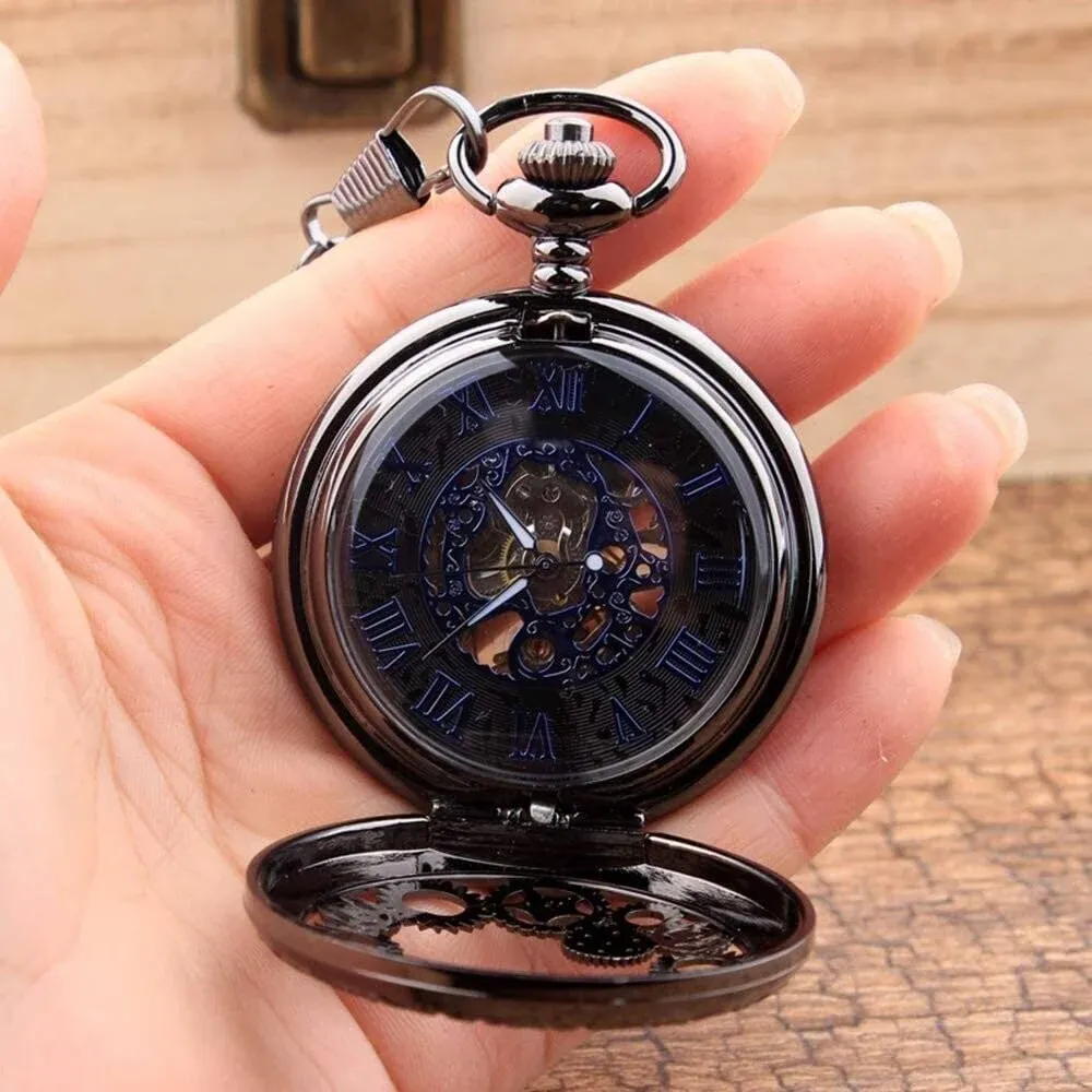 Avaner Steampunk Retro Half Hunter Copper Gear Skeleton Hand Wind Mechanical Analog Display Pocket Watch with 14 Chain