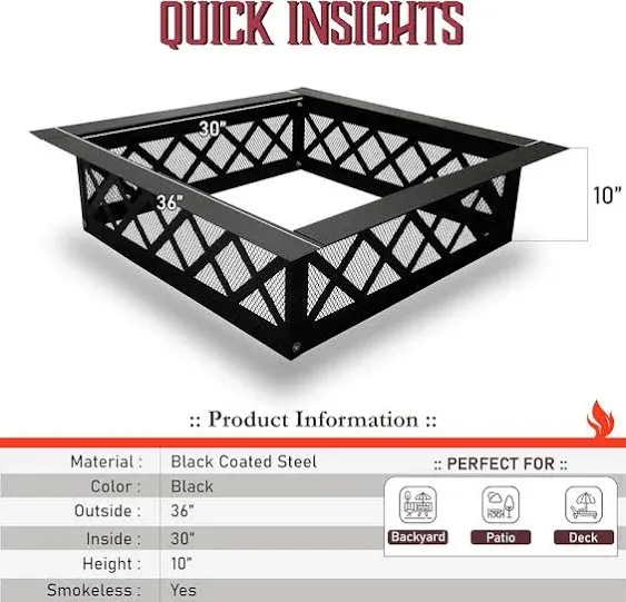 FEBTECH Smokeless Fire Ring Square - Powder Coated Solid Carbon Steel 36" OD & 30" ID Fire Ring with Crossweave Design & Spark Protective Mesh - Square Fire Pit Insert for Campfire, Bonfire & Patio