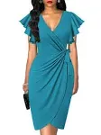 oten Womens Deep V Neck Ruffle Sleeve Sheath Casual Cocktail Party Work Faux Wra