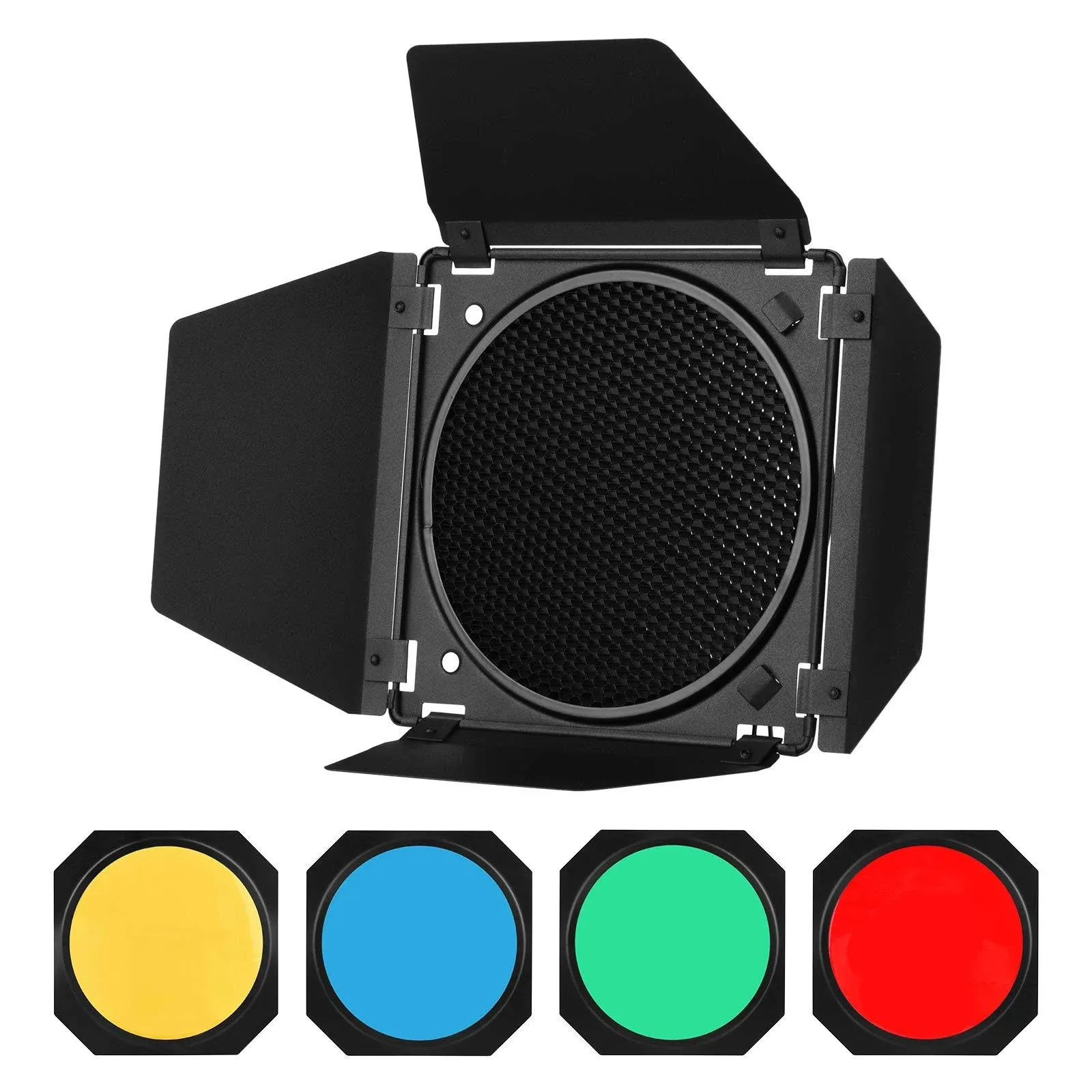 Godox BD-04 Barn Door Solidly Barndoor Kit for 7” Standard Reflector with Honeycomb Grid and 4 Color Gel Filters (SUBD04)