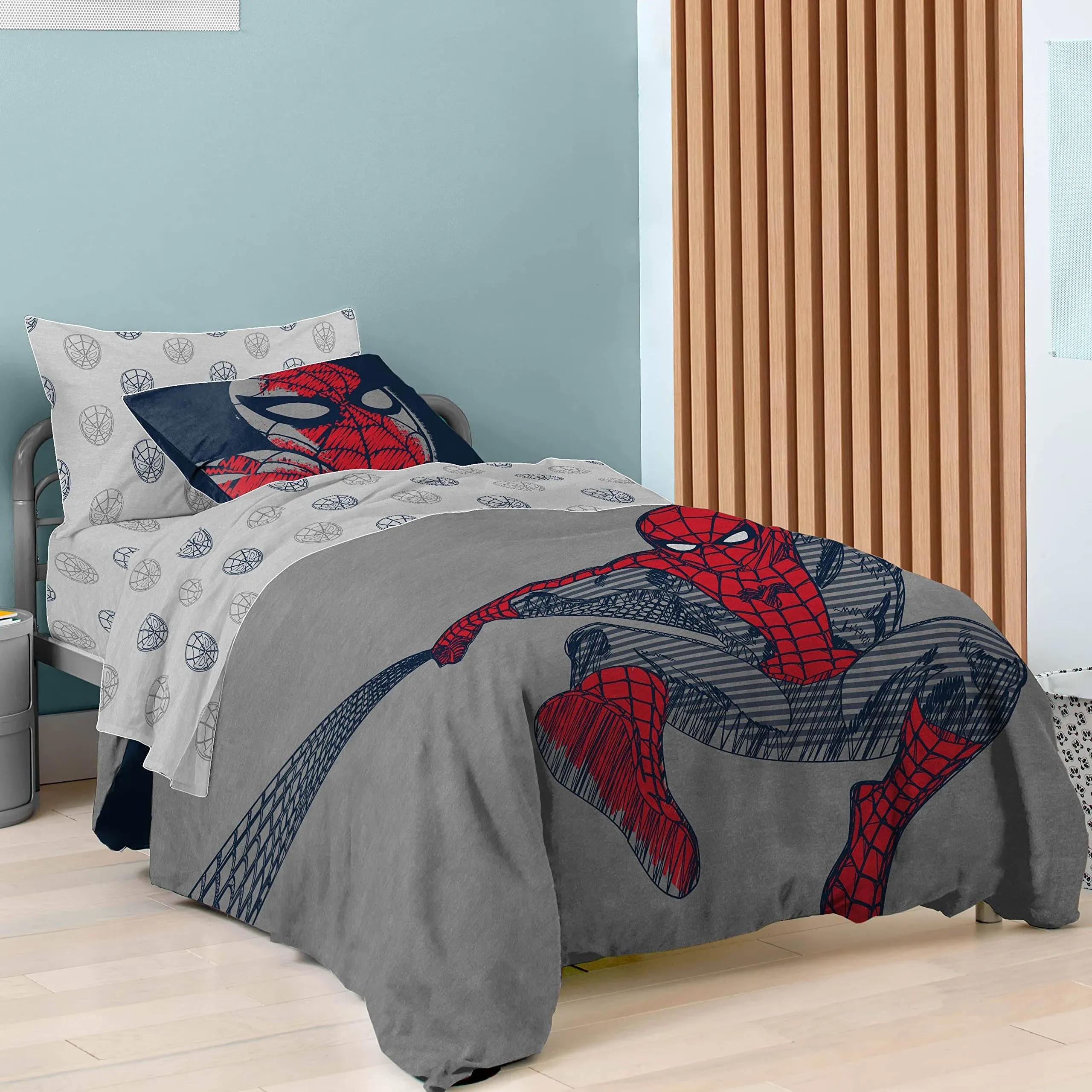 Saturday Park Marvel Spiderman Web Stripe 100% Organic Cotton Queen Bed Set - Gray