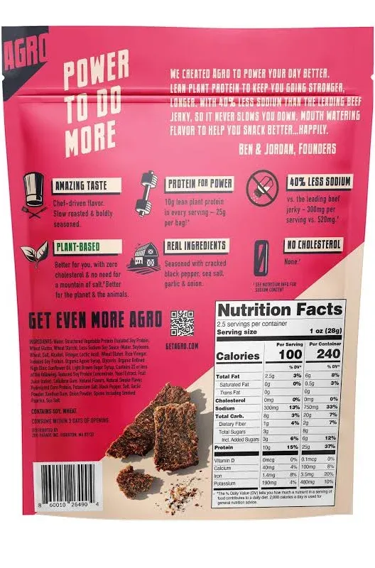 AGRO POWER Vegan Jerky Original Flavor - Plant-Based Vegetarian Jerky with 40% Less Sodium - Vegan Beef Jerky Snacks - 25G Protein Vegan Jerky Plant Based 2 Pack 2.5 oz Set