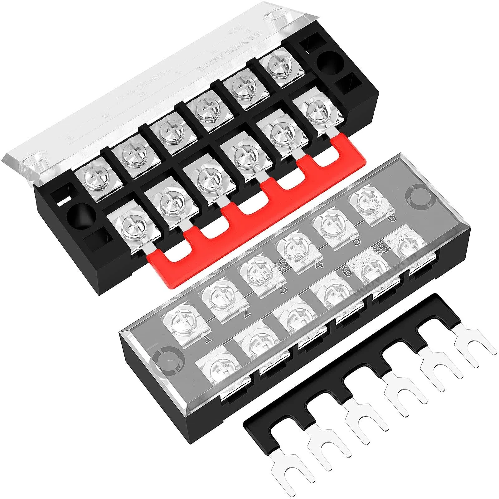 Joinfworld 35A Terminal Block 6 Position Screw Terminal Strip Dual Row with Cover ...