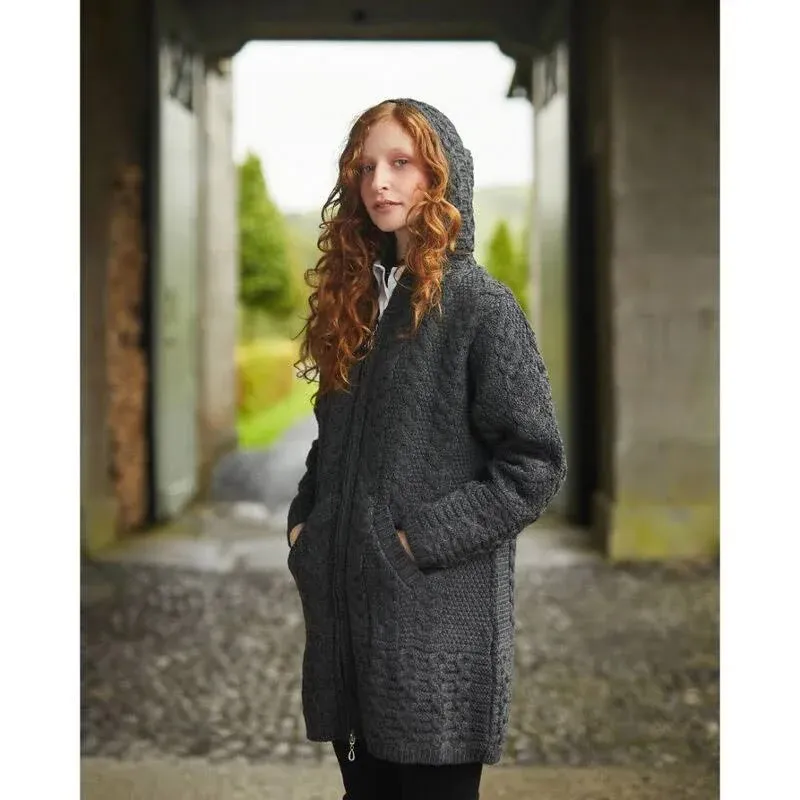 Aran Crafts Women's Irish Cable Knitted Wool Hooded Zip Coat (100% Merino Wool)