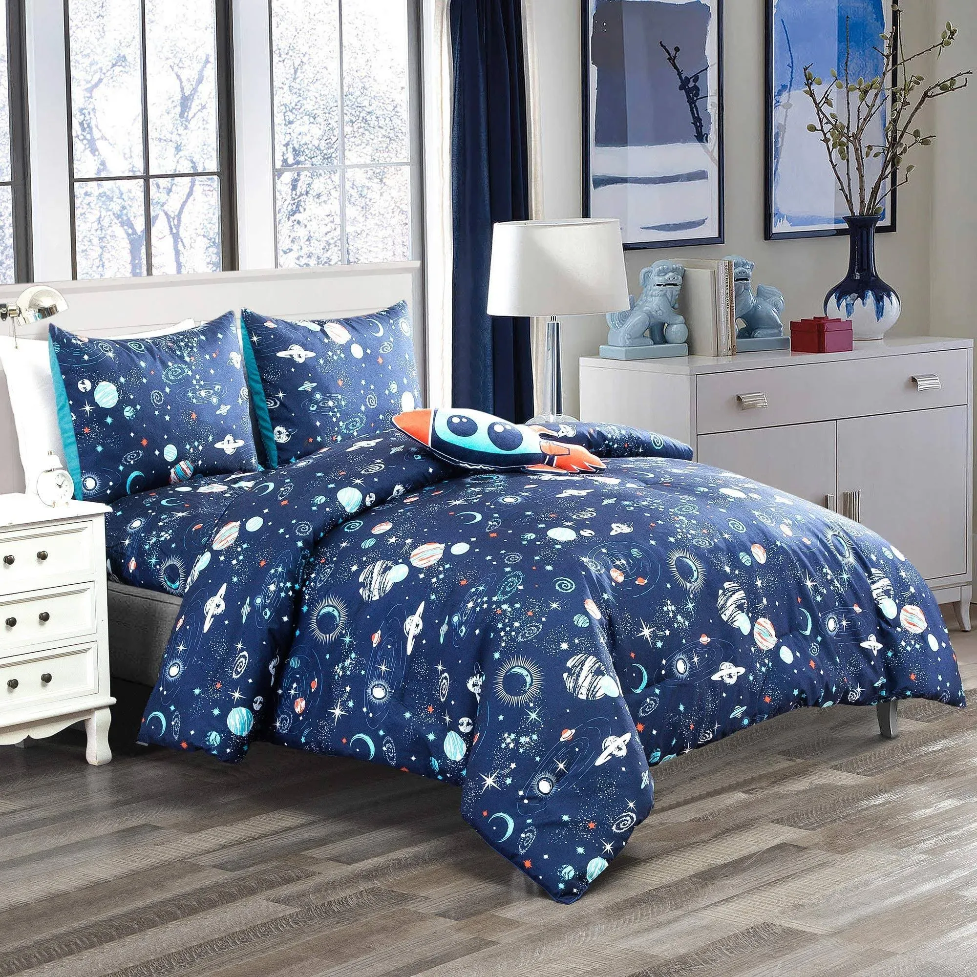 WPM WORLD PRODUCTS MART Kids Collection Bedding 4 Piece Blue Space Ship Rocket Print Twin Size Comforter Set with Sheet Pillow sham and Rocket Fun Stars Planets Design (Pandora, Twin Comforter)