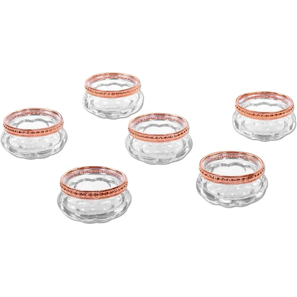 Koyal Wholesale Bloom Tea Light Holders, 6Pack Petite Clear Glass Tealight Cup with Copper Rim, Vintage, Boho Wedding