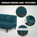 Stretch Armless Futon Cover Futon Slipcover Full Queen Size Futon Couch Cover Futon Sofa Cover Futon Bed Cover Furniture Protector with Elastic Bottom, Checked Pattern Jacquard (Futon, Deep Teal)