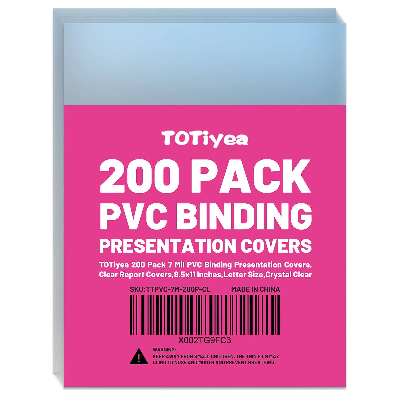 TOTiyea 200 Pack 7 Mil PVC Binding Presentation Covers, Clear Report Covers for Binding,8.5x11 Inches,Letter Size