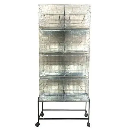 LOT of Galvanized Zinc Plated Stackable Breeder Bird Flight Cage with Removable Center Divider and Breeding Nest Doors (Galvanized Zinc, 26.5"x11"x15"H Lot of 4 with Stand)LOT of Galvanized Zinc Plated Stackable Breeder Bird Flight Cage with Removable Ce