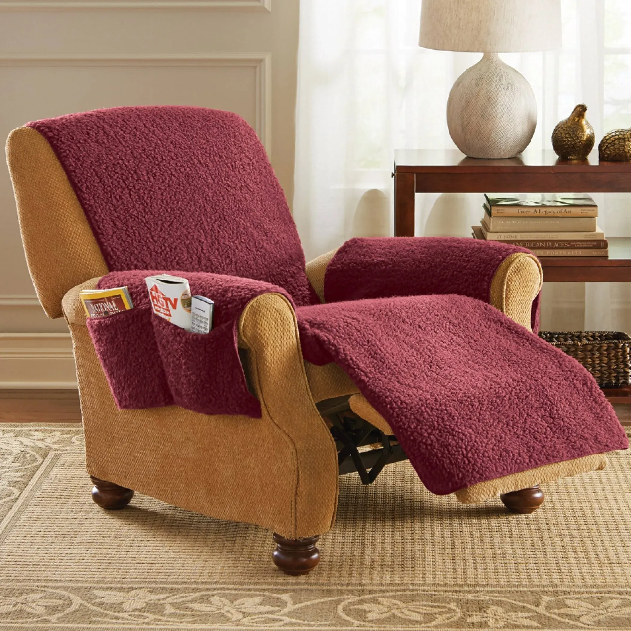 Collections Etc Fleece Recliner Furniture Protector Cover with Pockets Burgundy