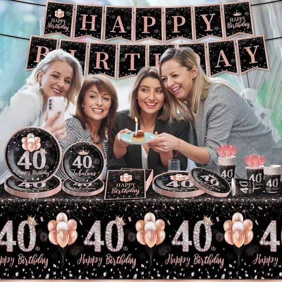 142Pcs 40th Birthday Tableware Decorations for Women Rose Gold Happy 40 Birthday Themed Tableware Set Tablecloth,Plates,Napkins,Cups,Forks and Knives of 40 Years Old Birthday Party