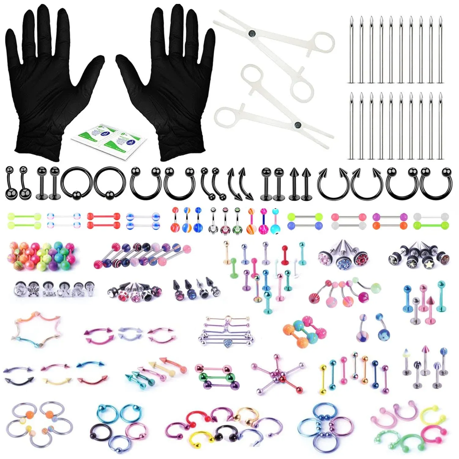 BodyJ4You 156PC Body Piercing Kit Lot 14g 16g Black Belly Ring Tongue Tragus ...