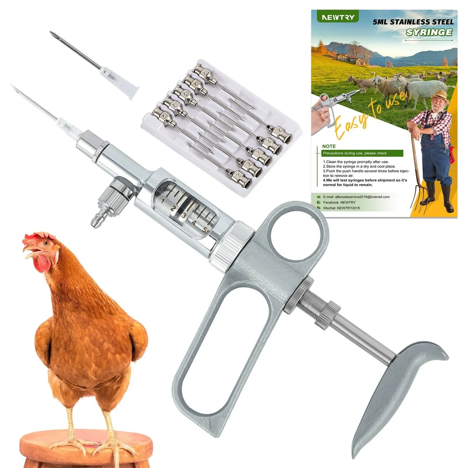 NEWTRY 5ml Livestock Syringe Injector, Continuous Adjustable Animal Injector, Stainless Steel, for Cattle Sheep Pig Goat