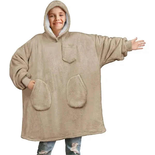 PAVILIA Wearable Blanket for Kids Boy Girl, Warm Cozy Giant Hoodie with Two Pockets, Fleece Sherpa Hooded Pullover for Teen