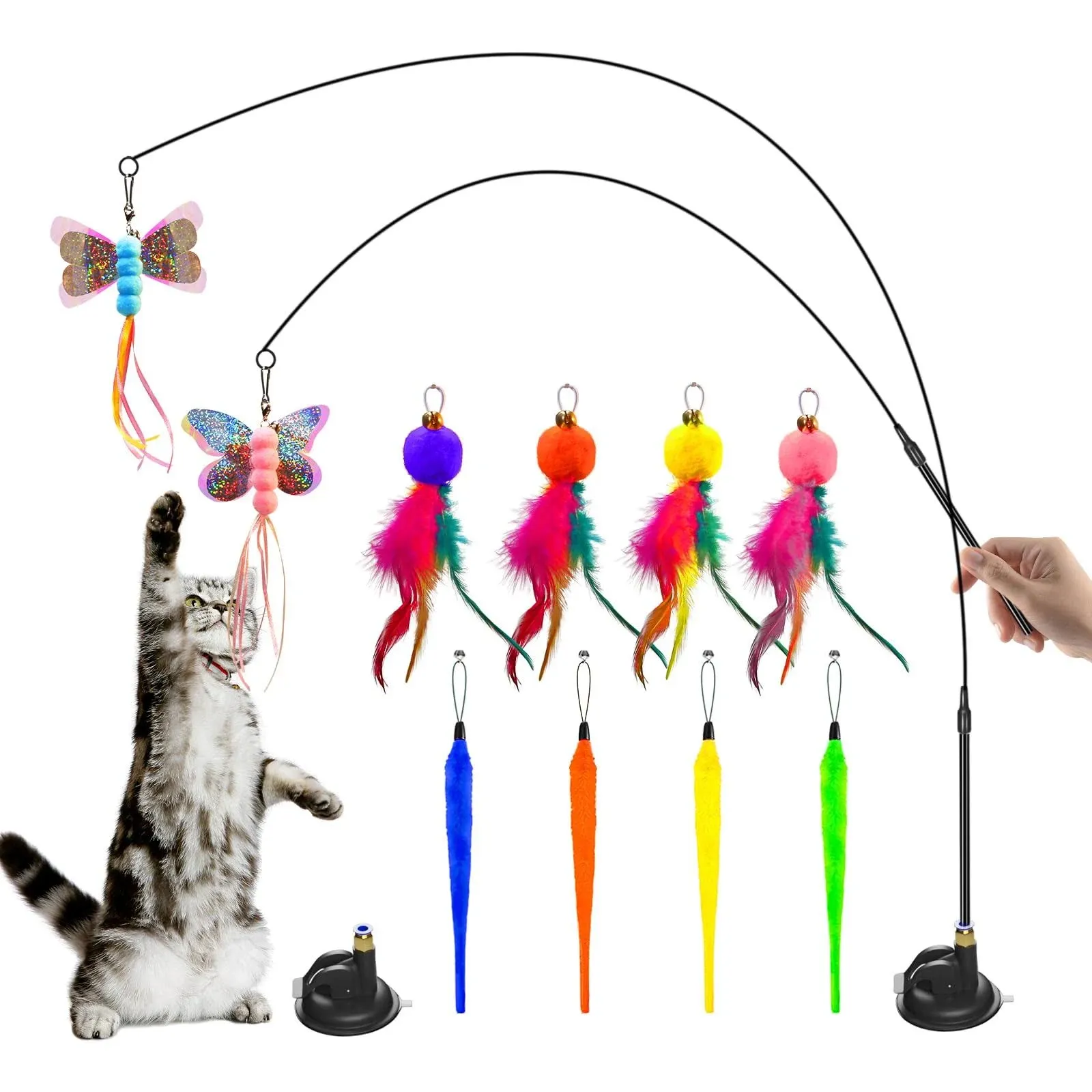 trusmate Interactive Cat Toys for Indoor Cats, 2 Pack Detachable Cat Wand Toys with Super Suction Cup, 10pcs Cat Feather Toys Cat Teas