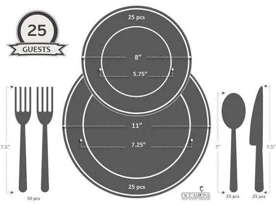 " OCCASIONS " 150pcs set (25 Guests)-Extra Heavyweight Vintage Wedding Disposable/Reusable Plastic Plates (25 x 11'' + 25 x 8.25'') + Silverware (Chateau Collection in Ivory)