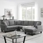 Modern U Shape Sectional Sofa, 7 Seat Fabric Sectional Sofa Set with 3 Pillows