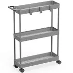 SimpleHouseware 3-Tier Slim Rolling Cart with Handle and Hooks for Narrow Storage Places in Bathroom, Laundry and Kitchen, Grey