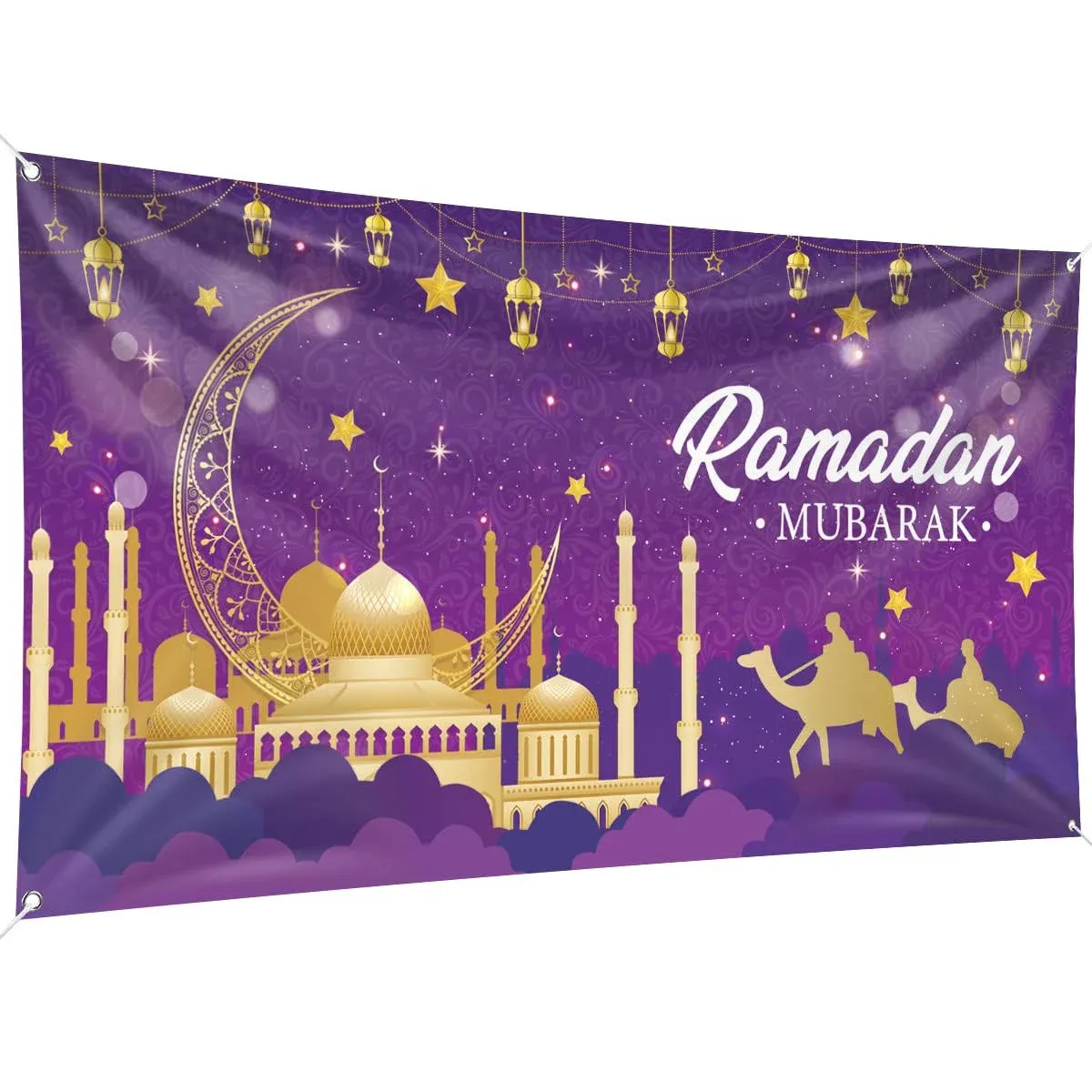 Ramadan Mubarak Decorations, Large Fabric Muslim Ramadan Kareem Backdrop Banner Eid Mubarak Sign Photo Booth Backdrop Background for Muslim Ramadan Party Supplies, 78 x 43INCH