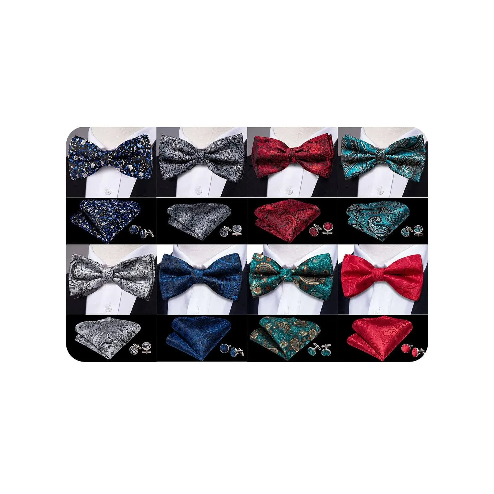 YOHOWA 4/6/8PCS Pre-Tied Silk Bow Tie Pocket Square Cufflinks Set Adjustable Bow