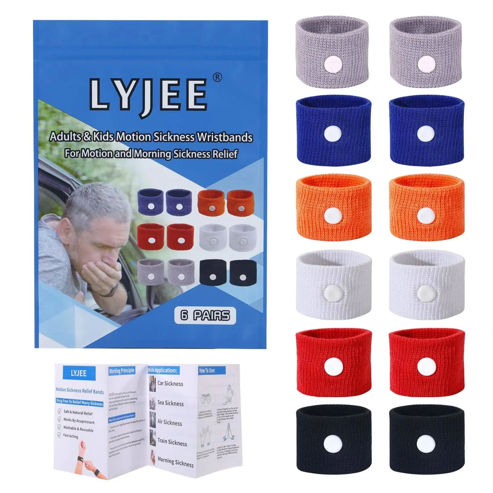 LYJEE Motion Sickness Bands Acupressure Wristbands for Nausea Relief Car Sickness ...