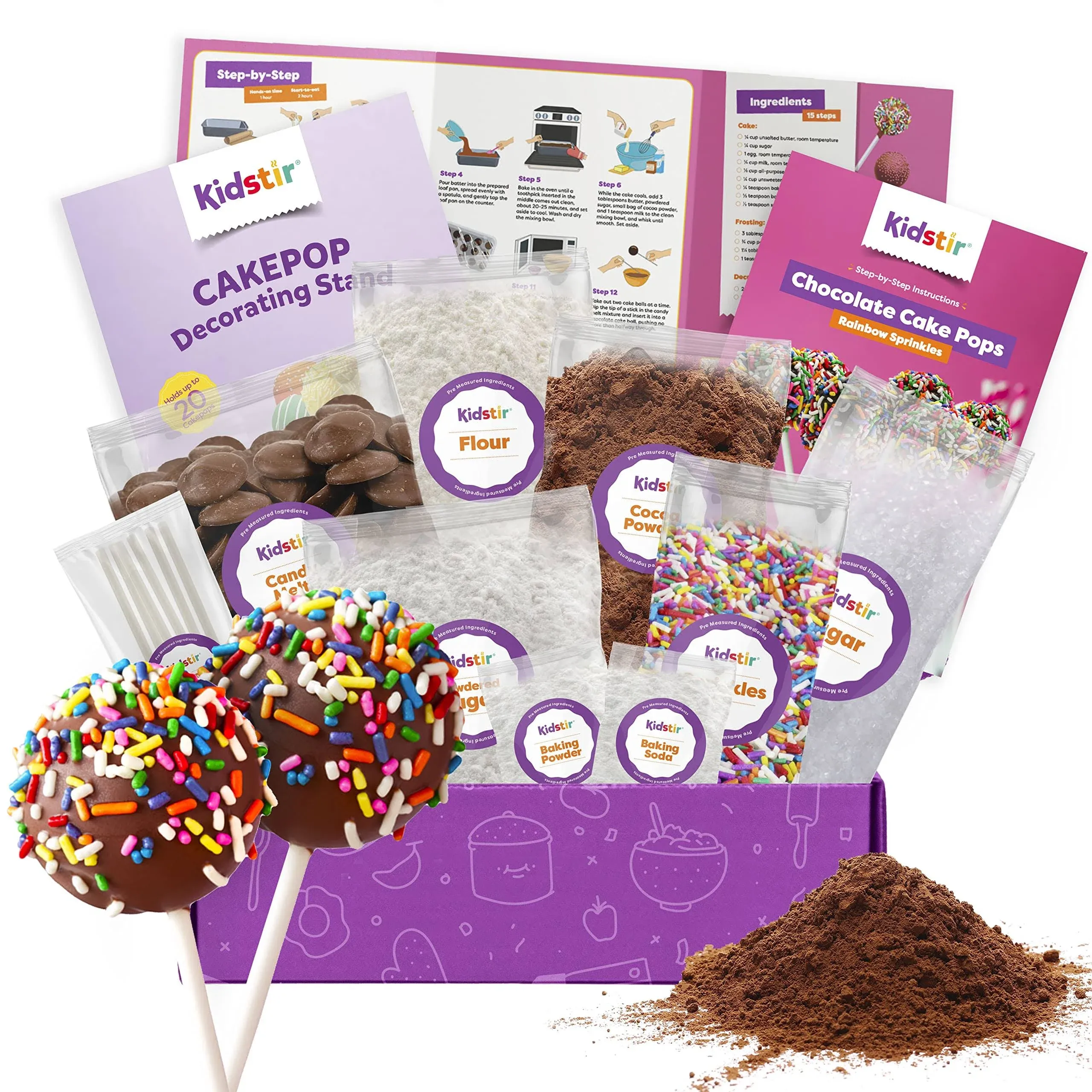 KIDSTIR Kids Baking Set DIY Baking Kits, Cake Pop Kit with Everything, All-in-One Baking Kit with Cake Pop Stand, Pre-Measured Ingredients, Best Gift Idea for Boys and Girls Ages 6-12, Chocolate