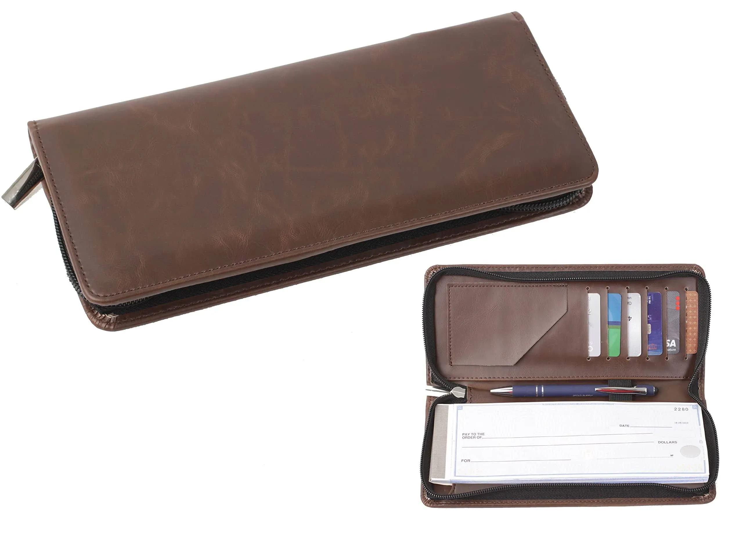 2Fold Business Size and Travelers Check Large Checkbook Cover with Zipper for Side and Top Tear Checks - Synthetic Leather Feel Check Book Cover with Built in Duplicate Check Sleeve w/Pockets - Brown