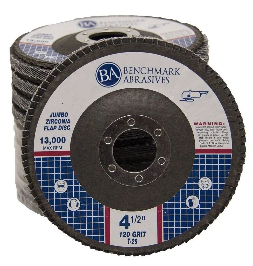 Benchmark Abrasives 4.5" x 7/8" Premium High Density Jumbo Zirconia Type 29 Flap Disc 120 Grit - 10 Pack