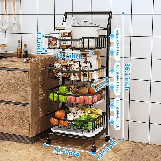 Fruit Basket 4-Tier Adjustable Fruit Vegetable Basket Cart,Metal Wire Storage Baskets with Wheels Rolling Pantry Utility Kitchen Cart for Kitchen, Pantry, Bathroom,Vegetable Organizer Produce Basket