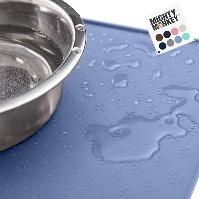 MIGHTY MONKEY 100% Waterproof Dog Food Mat, Raised Edges Silicone Pet Feeding Placemat for Cat, Dogs, Pet Bowls, High Lipped Tray Prevents Water Spills, Food on Floor, Dishwasher Safe, 22x14, Lt Blue