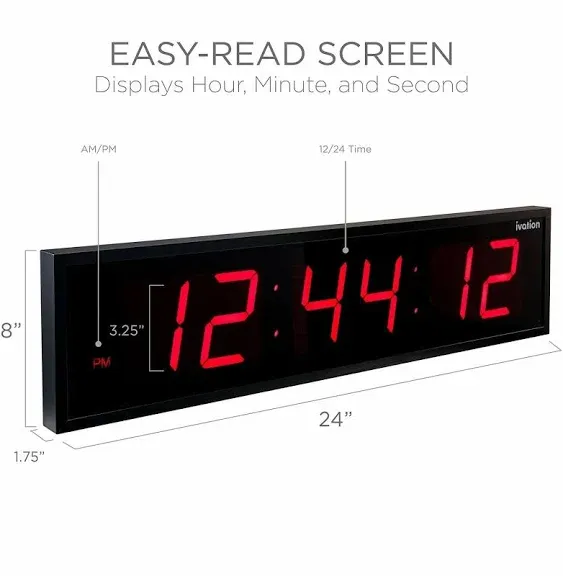 Ivation Large LED Digital Wall Clock - Black, Modern, Oversized (23-in H and Up), Adjustable Brightness, Silent Operation - Perfect for Indoor Use