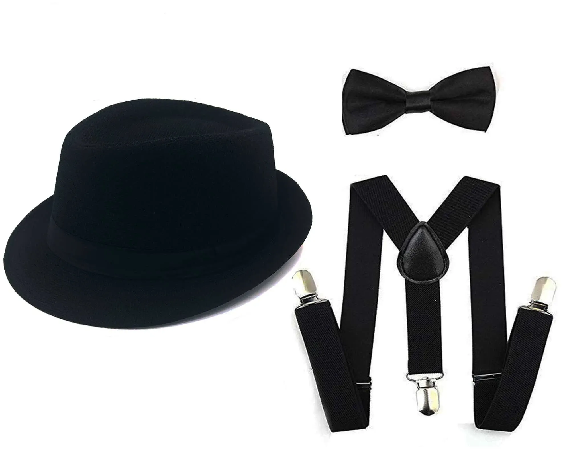 GCFIYPP 1920s Mens Accessories Fedora Gangster Hat Costume Accessory Y-Back Suspenders & Pre Tied Bow Tie,Men's Roaring 20s Set Manhattan Hat