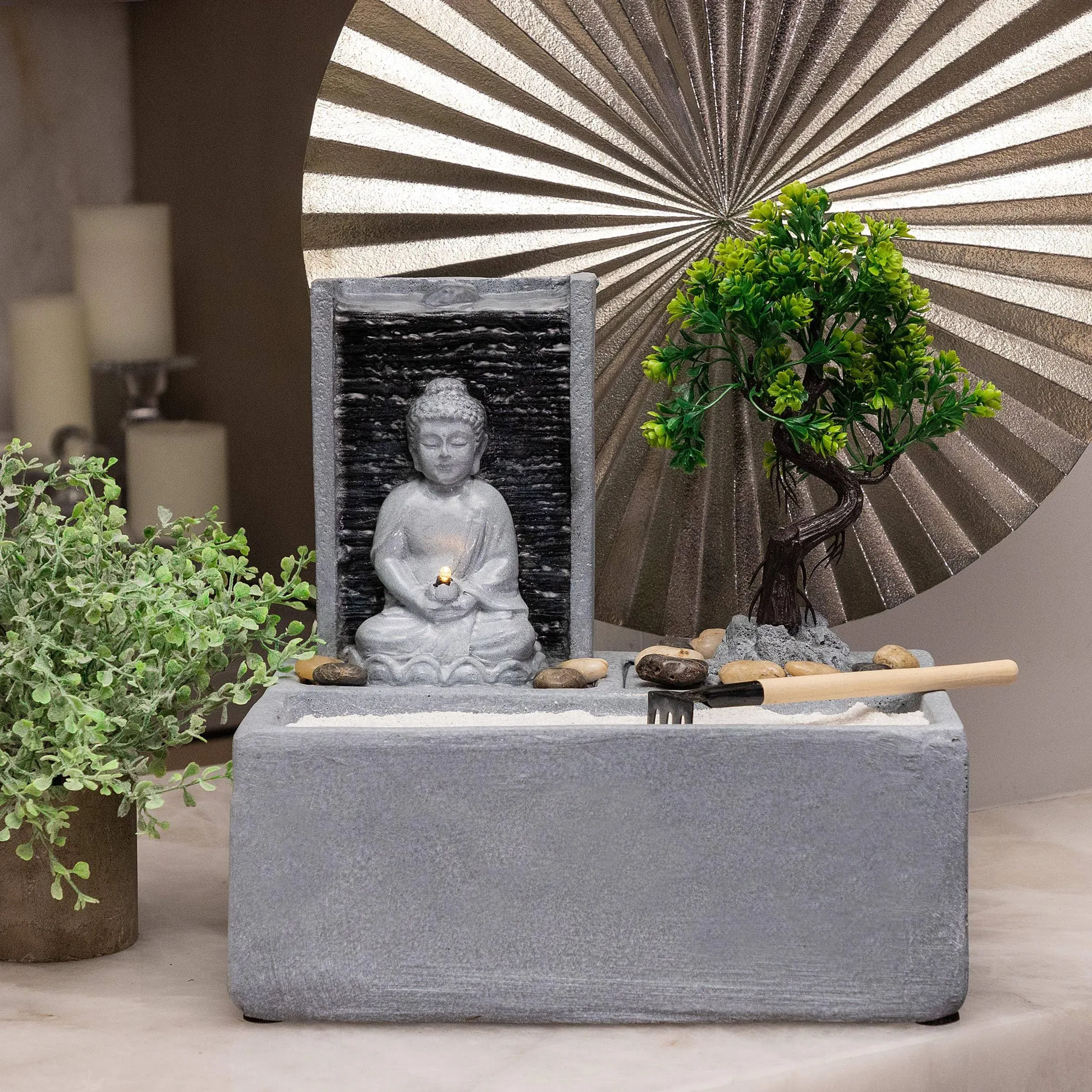 Buddha Bonsai Garden Tabletop Fountain with LED Light - Asian - Indoor Fountains - by Alpine Corporation | Houzz