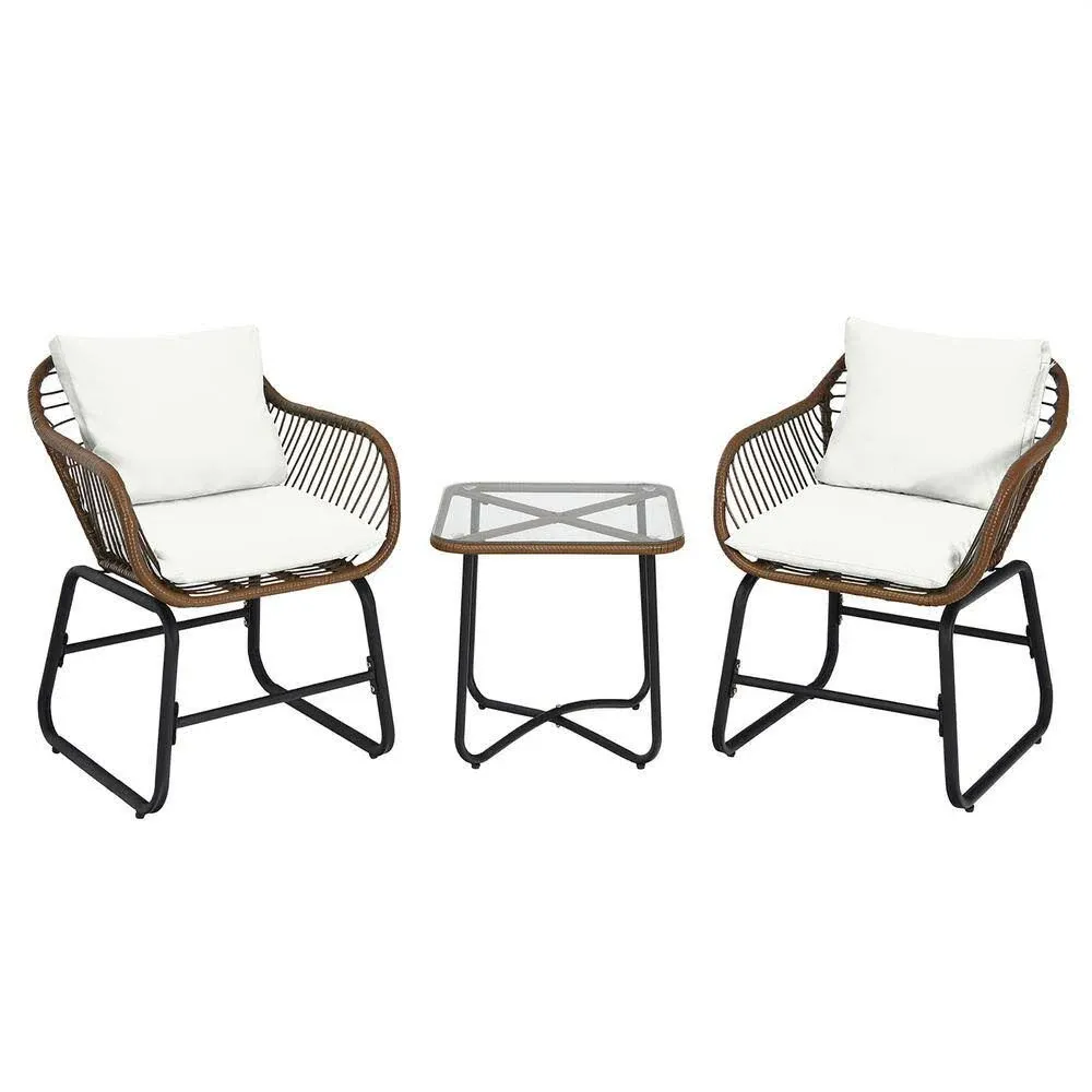 Costway 3PCS Patio Rattan Bistro Set Cushioned Chair Glass Table Deck