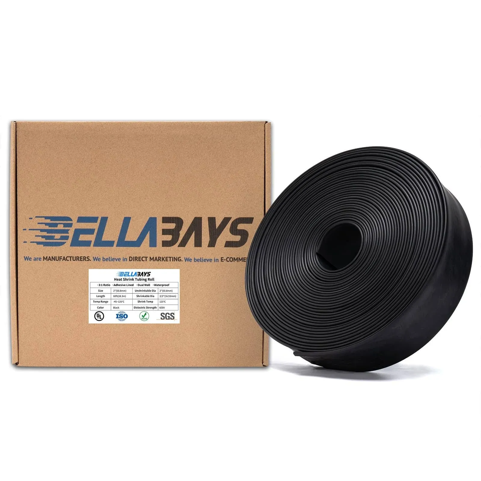 3:1 Ratio 2 Inch (50.8mm) 60 Ft (18.3m) Black Heat Shrink Tubing Roll Adhesive Lined Tube, Waterproof Marine Grade, Insulation Sealing and Oil-Proof (UL,RoHS,SGS,ISO Certification)